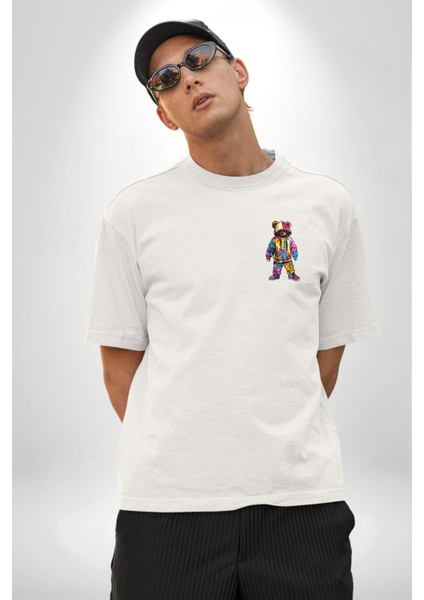 Color Splash Urban Vibes Teddy Beyaz Oversize Kadın Erkek Ön Minimal Baskılı Tişört modelleri