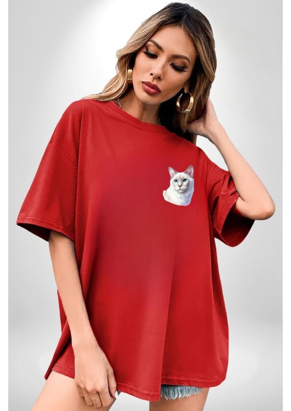 Ragdoll Kedisi Kırmızı Oversize Kadın Erkek Ön Minimal Baskılı Tişört