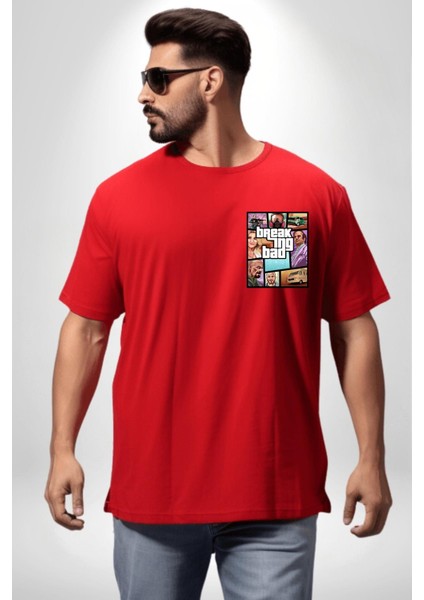 Breaking Bad Karakter Gta Tarzı Kırmızı Oversize Kadın Erkek Ön Minimal Baskılı Tişört