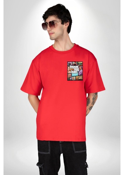 Breaking Bad Karakter Gta Tarzı Kırmızı Oversize Kadın Erkek Ön Minimal Baskılı Tişört modelleri
