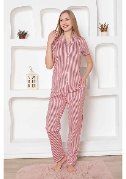 Kadın Önden Düğmeli Kısa Kol Likralı Çizgili Gömlek Pijama Takımı