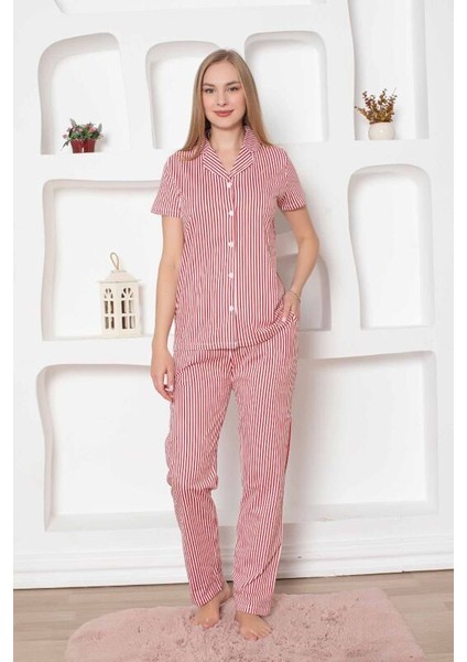 Kadın Önden Düğmeli Kısa Kol Likralı Çizgili Gömlek Pijama Takımı modelleri