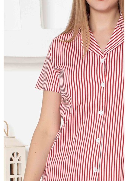 Kadın Önden Düğmeli Kısa Kol Likralı Çizgili Gömlek Pijama Takımı fırsatları