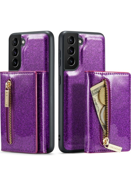 Samsung Galaxy S21 4g / 5g 2'si 1 Arada Simli Pu Deri Kaplamalı Pc + Tpu Düşmeye Karşı Manyetik Çıkarılabilir Fermuarlı Cüzdan Telefon Kılıfı Kickstand ile (Yurt Dışından)