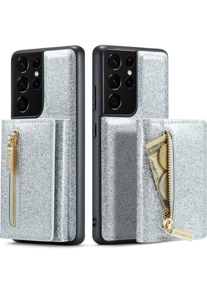 Samsung Galaxy S21 Ultra 5g Parıltılı Manyetik Çıkarılabilir Fermuarlı Cep Kılıfı Kickstand Pu Deri Kaplamalı Pc + Tpu Koruyucu Telefon Kılıfı (Yurt Dışından)