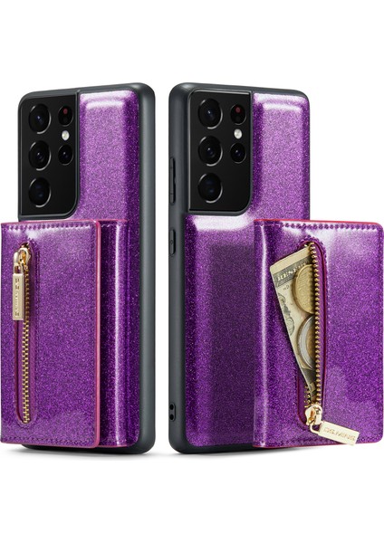 Samsung Galaxy S21 Ultra 5g Parıltılı Manyetik Çıkarılabilir Fermuarlı Cep Kılıfı Kickstand Pu Deri Kaplamalı Pc + Tpu Koruyucu Telefon Kılıfı (Yurt Dışından)