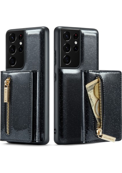 Samsung Galaxy S21 Ultra 5g Parıltılı Manyetik Çıkarılabilir Fermuarlı Cep Kılıfı Kickstand Pu Deri Kaplamalı Pc + Tpu Koruyucu Telefon Kılıfı (Yurt Dışından)
