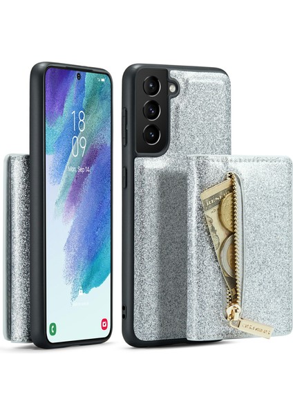 Samsung Galaxy S21 Fe 5g Manyetik Çıkarılabilir Tasarım Parıltılı Bling Tozu Pu Deri Kılıf Pc + Tpu Fermuarlı Cep Cüzdan Ayaklı Telefon Kılıfı (Yurt Dışından)