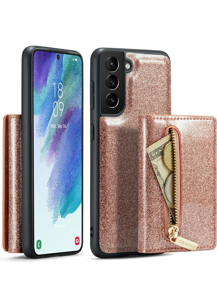 Samsung Galaxy S21 Fe 5g Manyetik Çıkarılabilir Tasarım Parıltılı Bling Tozu Pu Deri Kılıf Pc + Tpu Fermuarlı Cep Cüzdan Ayaklı Telefon Kılıfı (Yurt Dışından)