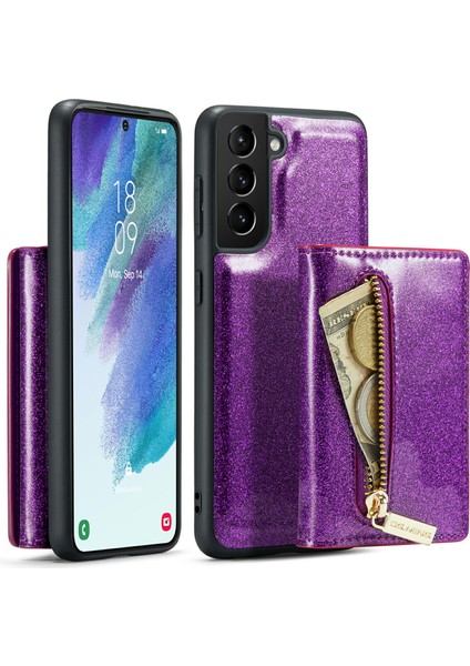 Samsung Galaxy S21 Fe 5g Manyetik Çıkarılabilir Tasarım Parıltılı Bling Tozu Pu Deri Kılıf Pc + Tpu Fermuarlı Cep Cüzdan Ayaklı Telefon Kılıfı (Yurt Dışından)