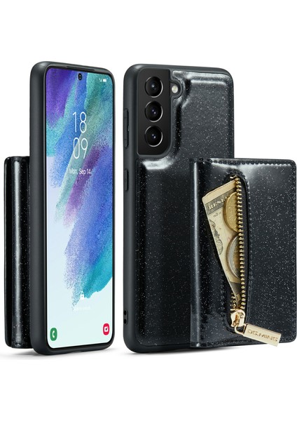 Samsung Galaxy S21 Fe 5g Manyetik Çıkarılabilir Tasarım Parıltılı Bling Tozu Pu Deri Kılıf Pc + Tpu Fermuarlı Cep Cüzdan Ayaklı Telefon Kılıfı (Yurt Dışından)