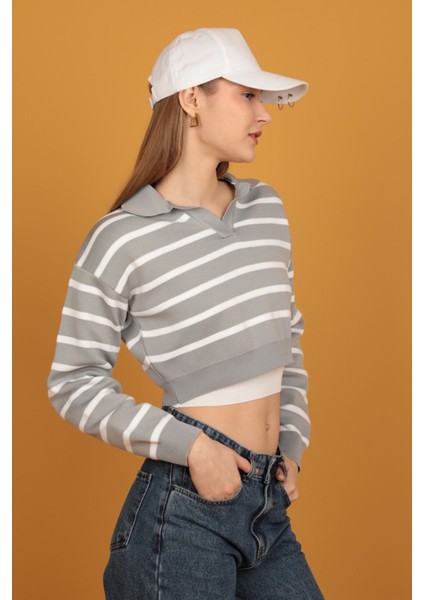 Gömlek Yaka Triko Çizgili Crop-Gri