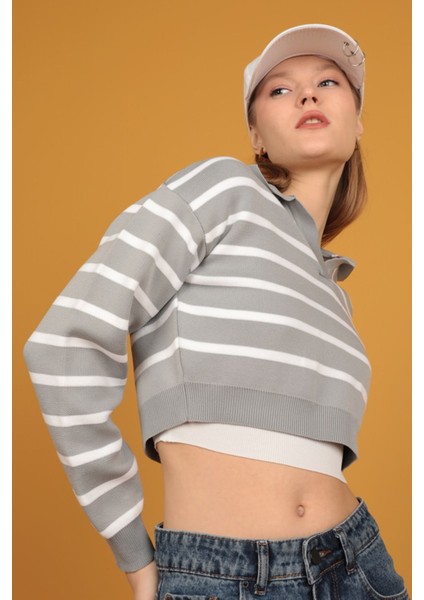 Gömlek Yaka Triko Çizgili Crop-Gri modelleri