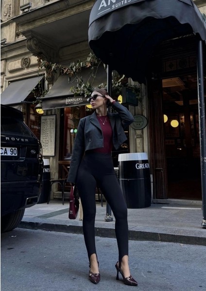 Toparlayıcı Füzo Tayt Likralı Ayak Detaylı - Siyah