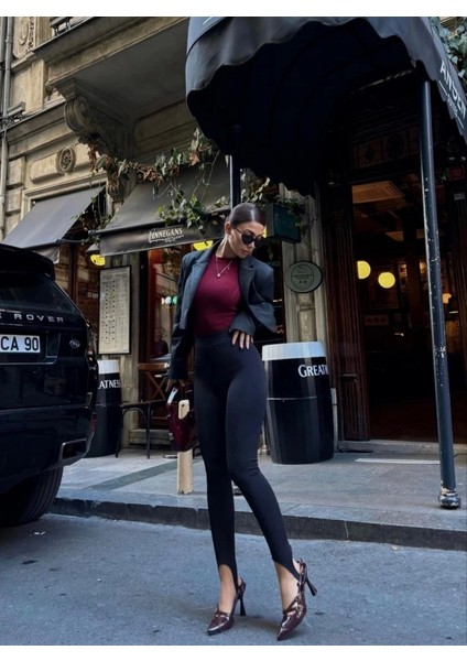 Toparlayıcı Füzo Tayt Likralı Ayak Detaylı - Siyah modelleri