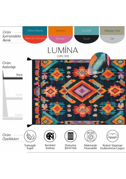 Lumina Siyah Bohem Etnik Otantik Tasarım Halı Püsküllü Yıkanabilir Dekoratif Salon Halısı fiyatları