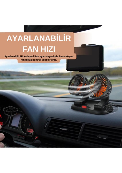 Üniversal Oto Ofis Araç Içi Torpido Üstü Vantilatör Çift Başlıklı USB Girişli 2 Kademeli Soğutucu Fan 360° Dönebilen Ultra Sessiz Oynar Başlıklı Araç Fanı