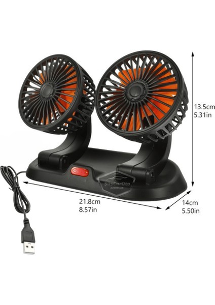 Üniversal Oto Ofis Araç Içi Torpido Üstü Vantilatör Çift Başlıklı USB Girişli 2 Kademeli Soğutucu Fan 360° Dönebilen Ultra Sessiz Oynar Başlıklı Araç Fanı