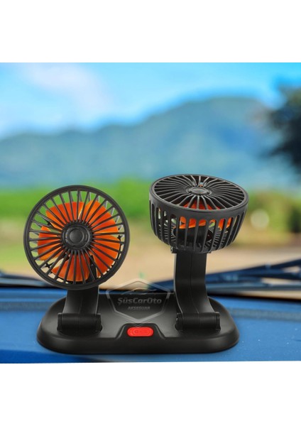 Üniversal Oto Ofis Araç Içi Torpido Üstü Vantilatör Çift Başlıklı USB Girişli 2 Kademeli Soğutucu Fan 360° Dönebilen Ultra Sessiz Oynar Başlıklı Araç Fanı