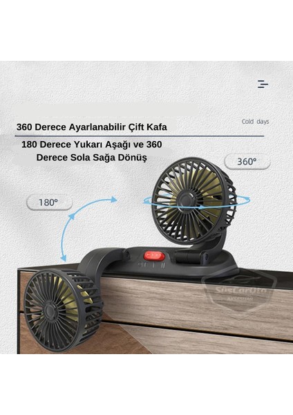 Üniversal Oto Ofis Araç Içi Torpido Üstü Vantilatör Çift Başlıklı USB Girişli 2 Kademeli Soğutucu Fan 360° Dönebilen Ultra Sessiz Oynar Başlıklı Araç Fanı