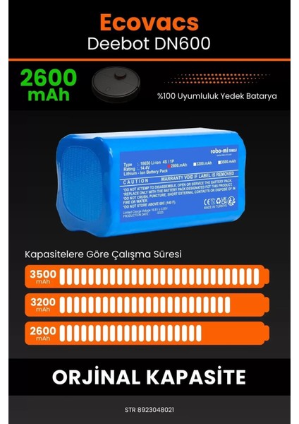 Ecovacs Deebot DN600 2600MAH Robot Süpürge Bataryası - Gerçek Kapasite, Maksimum Güvenlik fırsatları