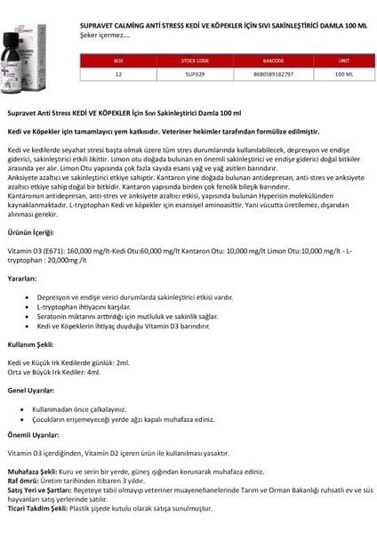 Supravet Calming Anti Stress Kedi ve Köpekler Için Sıvı Sakinleştirici Damla 100 ml fiyatları