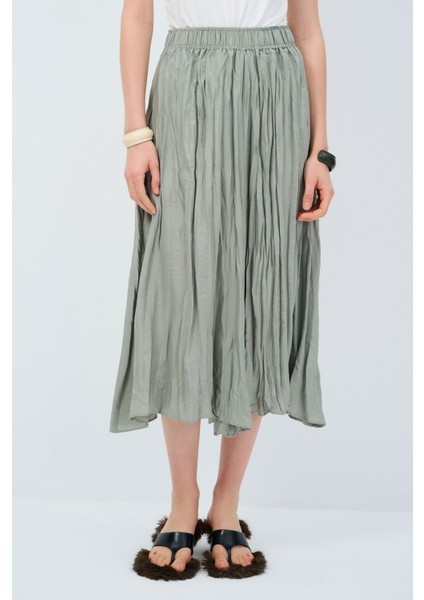 Beli Lastikli Piliseli Midi Etek Cagla Yesili 12745148000