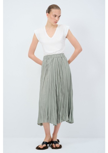 Beli Lastikli Piliseli Midi Etek Cagla Yesili 12745148000
