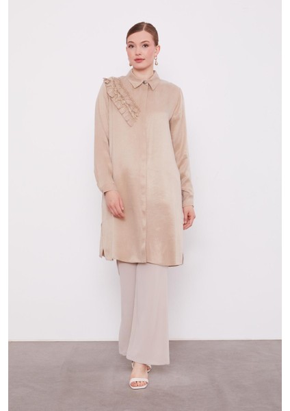 Bej Fırfır Detaylı Cupra Gömlek