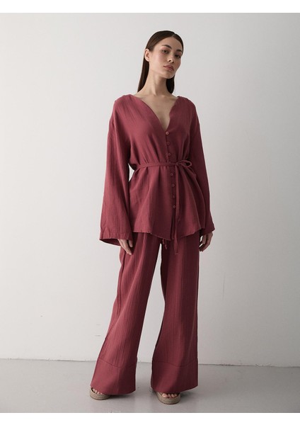 Kiremit Renkli Kadın Gömlek Pantolon Takım %100 Pamuk Şık Tasarım