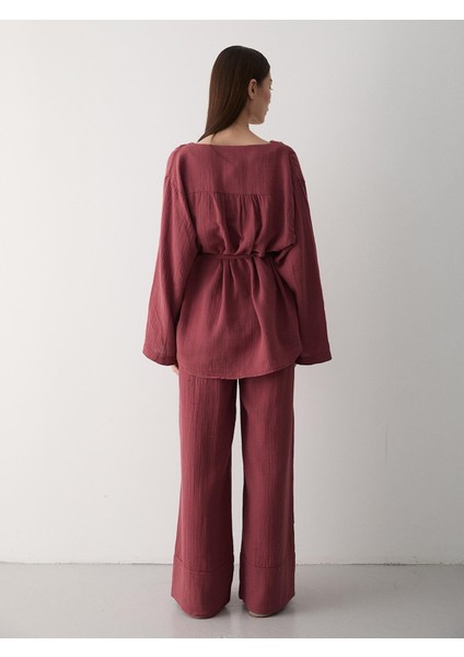 Kiremit Renkli Kadın Gömlek Pantolon Takım %100 Pamuk Şık Tasarım fiyatları