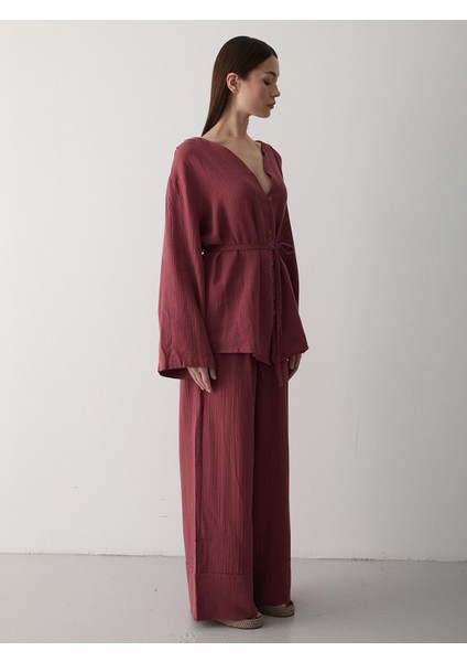 Kiremit Renkli Kadın Gömlek Pantolon Takım %100 Pamuk Şık Tasarım modelleri