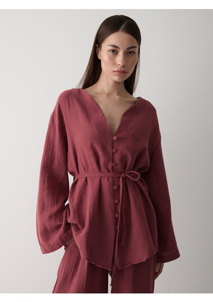 Kiremit Renkli Kadın Gömlek Pantolon Takım %100 Pamuk Şık Tasarım fırsatları