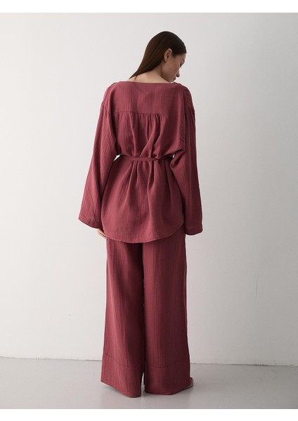 Kiremit Renkli Kadın Gömlek Pantolon Takım %100 Pamuk Şık Tasarım indirimleri