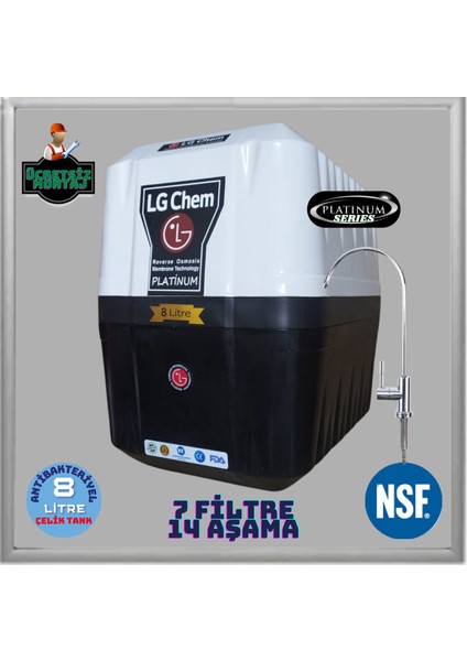 Platınum Montaj Dahil 8 Litre 7 Filtre 14 Aşama 90 Gpd Nano Membran Gümüş Iyon Tatlandırıcı Mineral Alkali Filtreli Antibakteriyel Çelik Tanklı Su Arıtma Cihazı