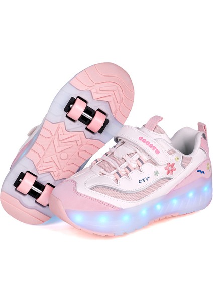 Mkjınmeı Heelys Kız Çocuk Mesh 4 Tekerlek USB Şarjlı Dört Mevsim Tekerlek Ayakkabı (Yurt Dışından)