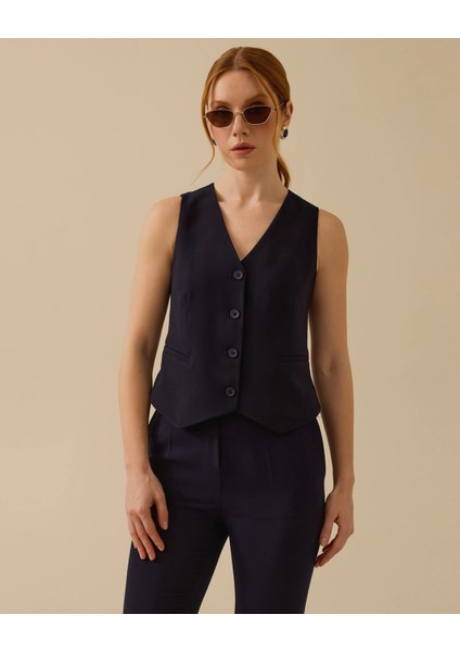10018 Kruvaze Yaka Cep Görünümlü Önden Düğmeli Şık Yelek #03-25#