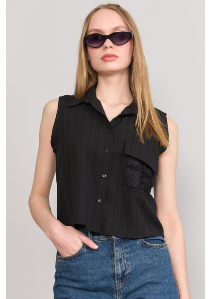 Çetinkaya Fithit 1437 Kadın Trend Keten Sıfır Kol Gömlek Siyah