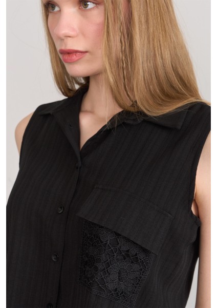 Çetinkaya Fithit 1437 Kadın Trend Keten Sıfır Kol Gömlek Siyah modelleri