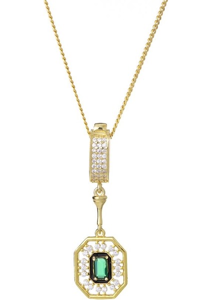 3-5 mm Baget Yeşil Zirkon Taşlı 925 Ayar Gümüş Gold Rengi Kadın Kolye