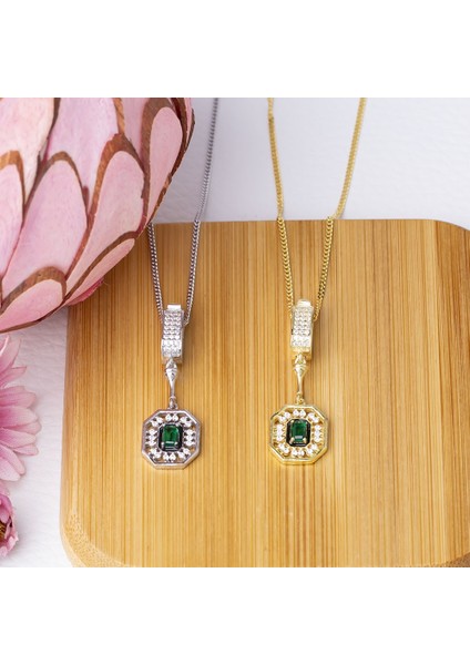 3-5 mm Baget Yeşil Zirkon Taşlı 925 Ayar Gümüş Gold Rengi Kadın Kolye fırsatları