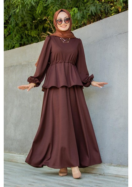 Cenny Eteği Katlı Scuba Krep Elbise-Kahve