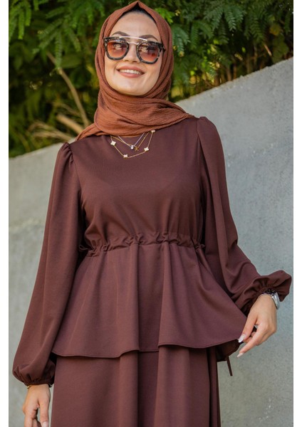 Cenny Eteği Katlı Scuba Krep Elbise-Kahve fiyatları