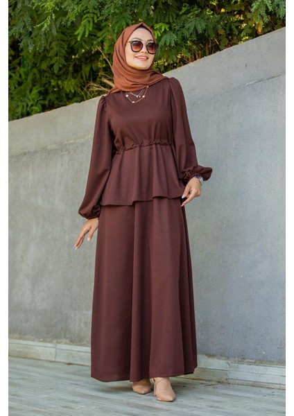 Cenny Eteği Katlı Scuba Krep Elbise-Kahve modelleri