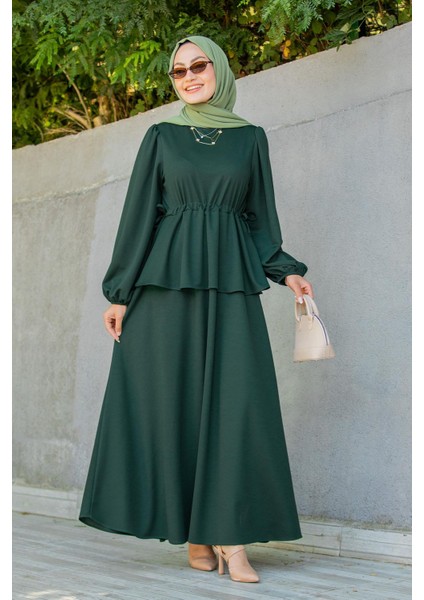 Cenny Eteği Katlı Scuba Krep Elbise-Zümrüt