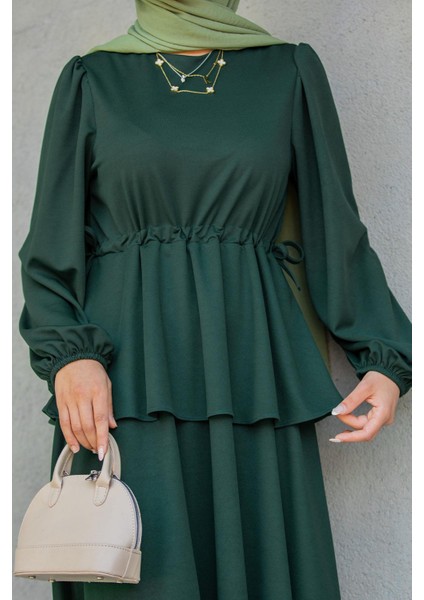 Cenny Eteği Katlı Scuba Krep Elbise-Zümrüt fiyatları