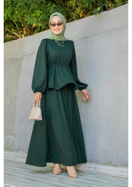 Cenny Eteği Katlı Scuba Krep Elbise-Zümrüt fırsatları
