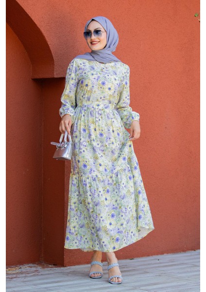 Lidy Çiçekli Desen Yazlık Elbise-Yeşil