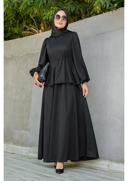 Cenny Eteği Katlı Scuba Krep Elbise-Siyah