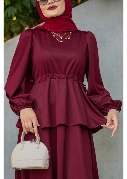 Cenny Eteği Katlı Scuba Krep Elbise-Bordo fiyatları